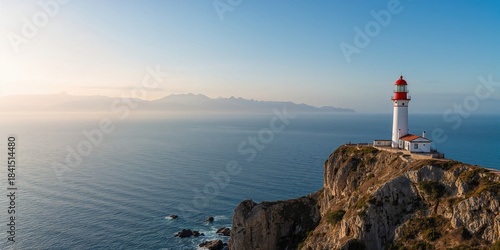 Lighthouse perched on sea cliffs with distant Moroccan mountains, serving as a navigation aid at Europa Point near the Gibraltar Strait