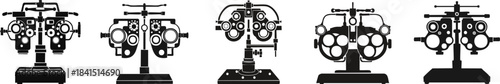 Silhouette of Vision Testing Concept. A collection of optometry equipment illustrations, showcasing different styles of phoropters used for eye examinations.