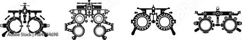 Silhouette of Optometry Tools. A collection of vintage ophthalmic instruments used for eye examinations, showcasing different designs and configurations.