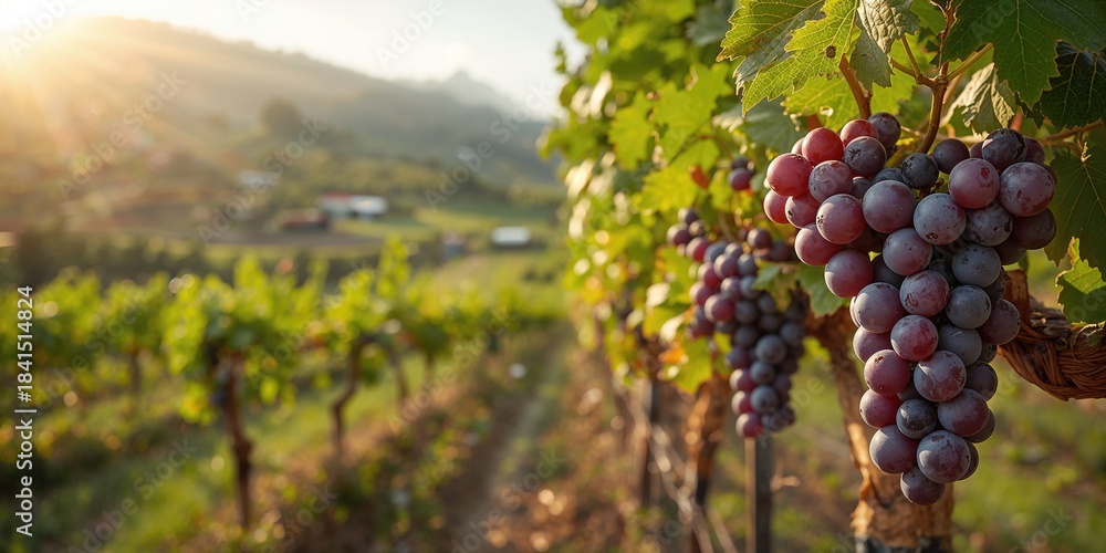 Obraz premium Grape vineyard and winery landscape, seasonal harvest activity, Earth Day