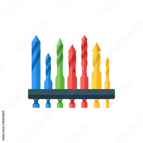 Colorful set of assorted drill bits in a holder, featuring blue, green, red, and yellow tool tips.