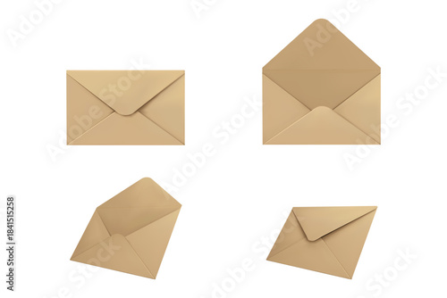 Collection of kraft paper envelopes in various positions for mailing, packaging, and office communication themes.