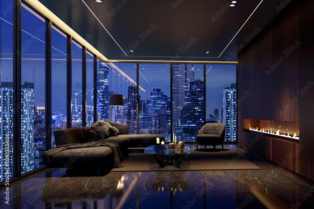 Obraz premium Ultra-luxurious, dark, and modern living room in a high-rise penthouse, featuring a stunning panoramic city skyline view at night. The room includes a contemporary fireplace and subtle linear lighting