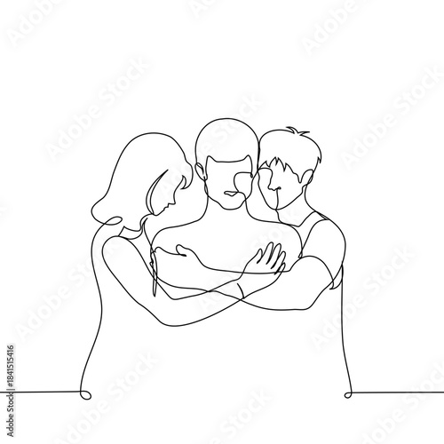 One line vector depicting a family with a sad father in the center, a supportive mother, and a son embracing him. Compassion, empathy, love and support of family, emotional connection