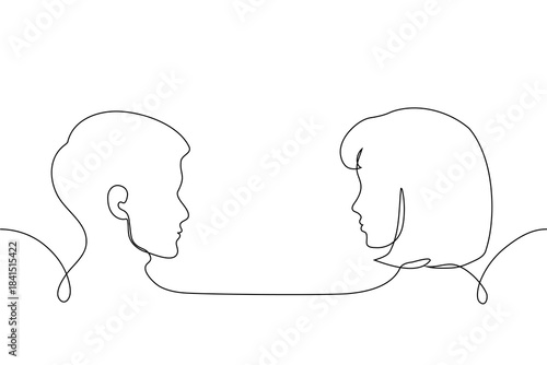A man and a woman's heads in profile facing each other - one continuous line