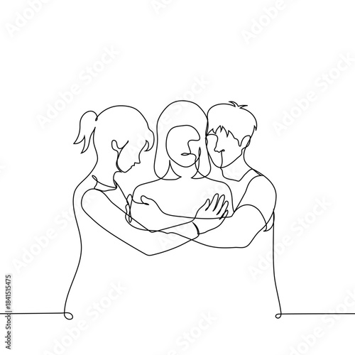 adult children hugging their mother. Adult woman in center is flanked by her daughter and son. Compassion, empathy, love and support of children, motherhood, emotional connection