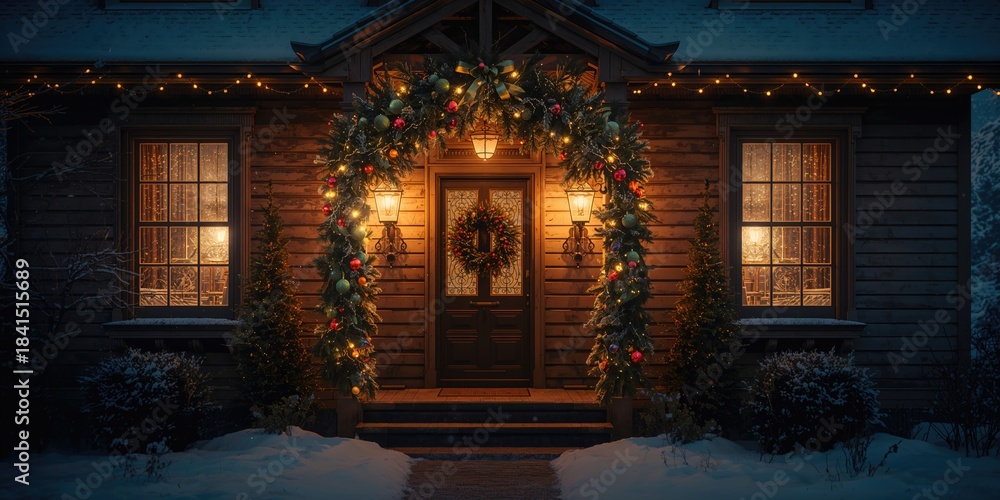 Obraz premium Winter home exterior featuring traditional decor, spruce branches, and cozy lights, holiday season ambiance