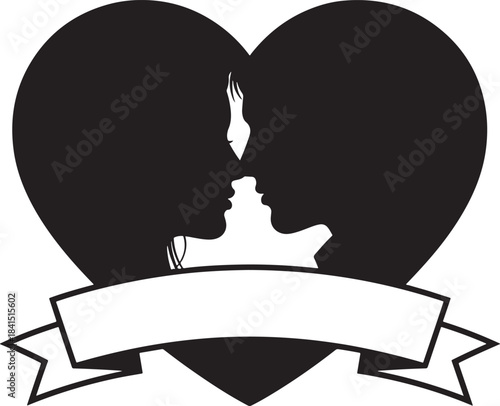 Couple silhouette facing each other inside heart shape with banner