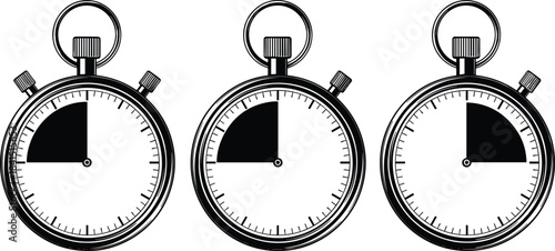 Stopwatch icons set showing 15, 30, and 45 minutes, time measurement, deadline, countdown, speed, and timer vector illustration.