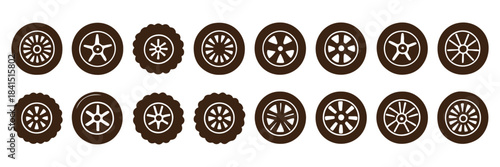 Black rubber wheel tire set. Wheel tires. Car tire tread tracks, motorcycle racing wheels and dirty tires track. Tyres road maintenance vector automobile. Auto wheel tyre. Vector illustration