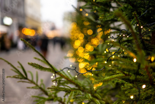 Christmas Street With Pine Branch In The Foreground Soft Focus