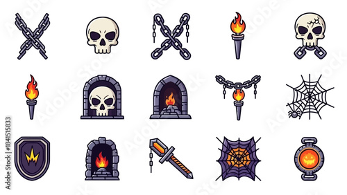 Collection of pixel art fantasy game icons for horror and adventure themes.