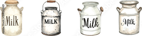 Vintage enamel milk can with wooden handle and "Milk" hand-lettering. Hand-drawn set vector illustration on white in a rustic watercolor style, isolated for dairy labels, farm shop design