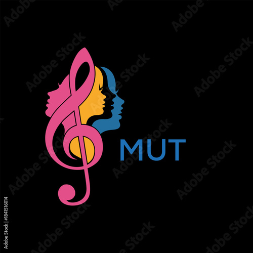 Quadro em tela Creative Feminine Music Logo with Treble Clef and Colorful Female Silhouettes –