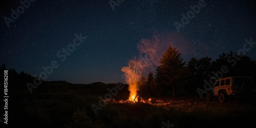 Evening setting featuring a lit campfire and parked car, highlighting outdoor recreation and nighttime lighting