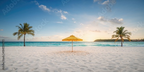 Fototapeta Naklejka Na Ścianę i Meble -  Beach scene with a yellow umbrella under a blue sky, ideal for relaxing or leisure activities, summer holiday