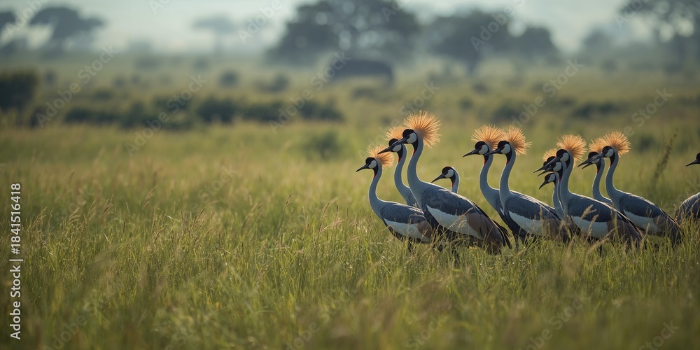 Fototapeta premium Gray crowned cranes in flight, highlighting their distinctive crown feathers and natural habitat, World Wildlife Day