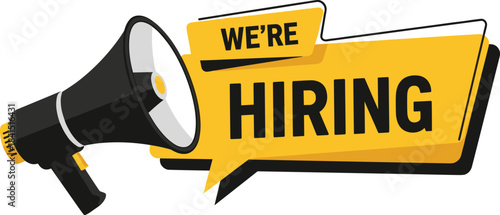 We are hiring, announcement, and job vacancy message concept, HR manager holding megaphone, recruitment advertising banner, urgent employment opportunity.