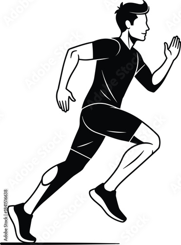 Dynamic Black and White Runner Vector Illustration of a Man Sprinting, Executing a Fast Dash or Jogging Workout, Representing Health, Fitness, Speed, Energy, and Determined Athletic Performance