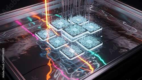 Abstract digital network with glowing cubes and vibrant energy streams