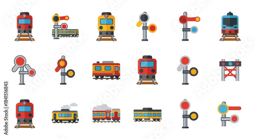 Colorful vector icon set of trains, railroad signals, and railway equipment in a flat illustrative style.
