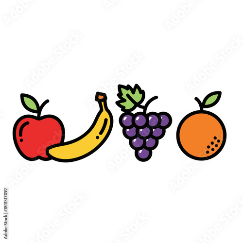 Colorful Vector Illustration of Assorted Fruits - Apple, Banana, Grapes, and Orange.