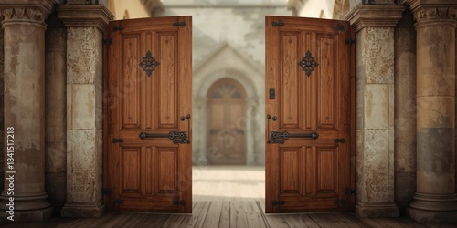 Dual wooden doorways used in a rural structure, focusing on natural materials and architectural style