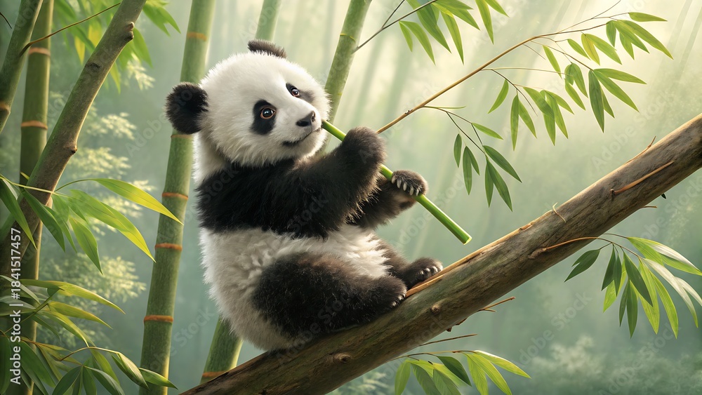 Obraz premium Adorable baby panda eating bamboo in a lush forest