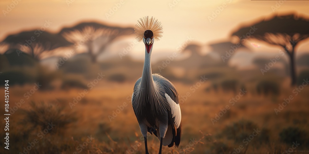 Fototapeta premium Grey Crowned Crane with detailed feather patterns in natural habitat, species conservation, World Wildlife Day