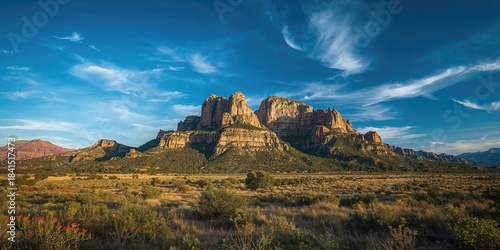 Fototapeta Naklejka Na Ścianę i Meble -  Desert mountain scene in summer with vibrant sky and lush greenery, suitable for travel and nature backgrounds