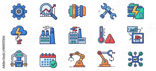 Set of industrial and technology icons representing manufacturing and automation processes.