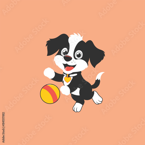 A cute cartoon puppy happily holding a bone and playing with a ball, drawn in a fun and friendly illustration style