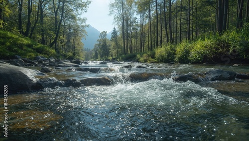 Detailed shot of bubbling water over rocks in a stream, natural flow and sunlight reflections, Earth Day