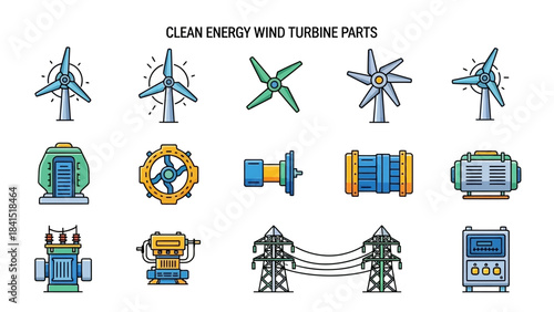 Clean Energy Wind Turbine Parts and Components Illustration.