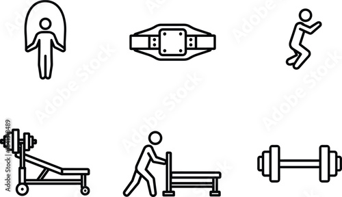Fitness and Gym Training Icons Set, Workout Equipment, Dumbbell, Barbell on Bench, Skipping Rope, Champion Belt, Jumping, Sport, Exercise, Health, Active Lifestyle, Vector, Collection, Illustration.