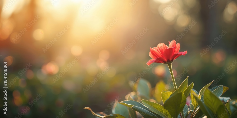 Obraz premium Morning sunlight on red flower, nature scene with leaves, springtime garden, World Flower Day