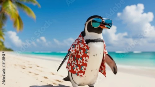 Cool penguin relaxing on sandy tropical beach in stylish sunglasses under palm trees