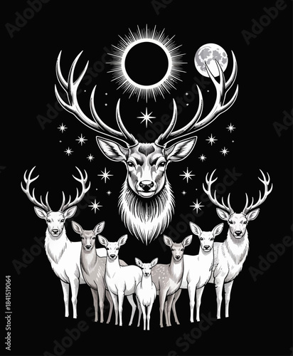 A black vector silhouette illustration of a wild deer or reindeer head with antlers, useful for nature, hunting, or Christmas designs