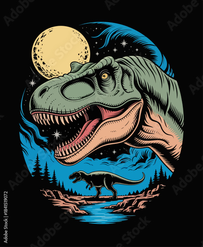 A huge, highly detailed head of a dinosaur rex, sharp teeth and textured green.