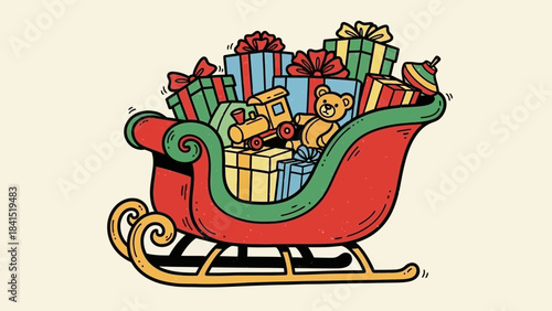 Colorful cartoon sleigh overflowing with wrapped gifts and toys on cream background