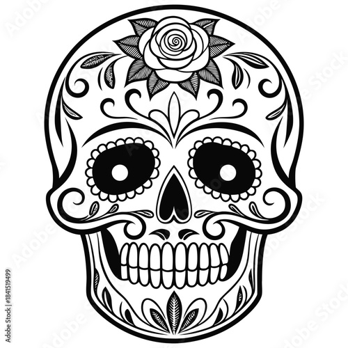 Monochrome Sugar Skull with Spider Web Forehead Line Art