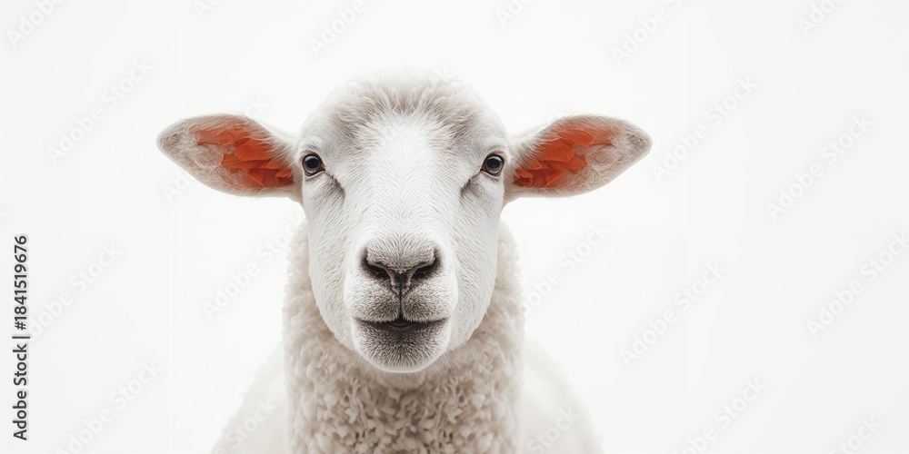 Obraz premium Close-up of a white sheeps head with chewing motion, isolated on white background for veterinary or farm management use