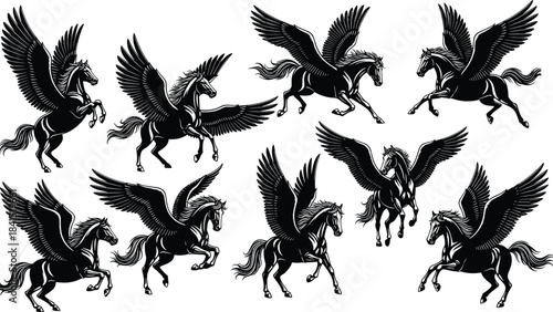 Majestic Black and Blue Pegasus Heraldry Silhouettes, Mythological Winged Horses Flying, Intricate Fantasy Symbol Collection, Legendary Creatures, Divine Steeds Vector Graphics, Isolated Set