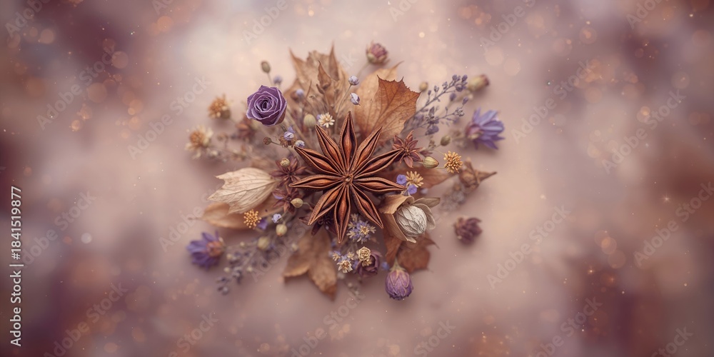 Obraz premium Dried flowers and star anise in an autumn display, emphasizing natural textures, seasonal change