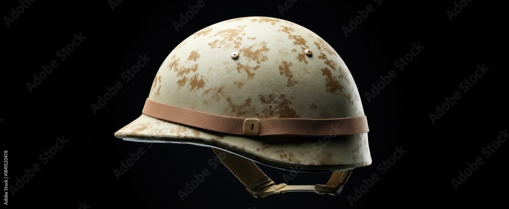 Fototapeta premium Military helmet featuring rugged sand-colored camouflage pattern and durable adjustable straps