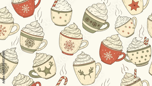 Whipped cream topped festive holiday coffee mugs with snowflakes stars and reindeer on cream background