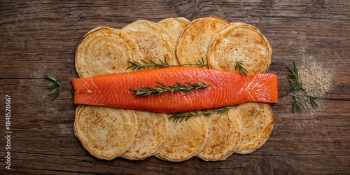 Crepes with raw sliced salmon fillet viewed from above, a protein-rich meal for a brunch setting