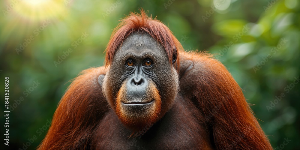 Fototapeta premium Bornean Orangutan portrait showing detailed facial features, wildlife conservation awareness