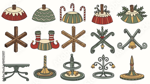 Christmas tree toppers and ornaments in various designs and colors on white background for holiday decoration ideas