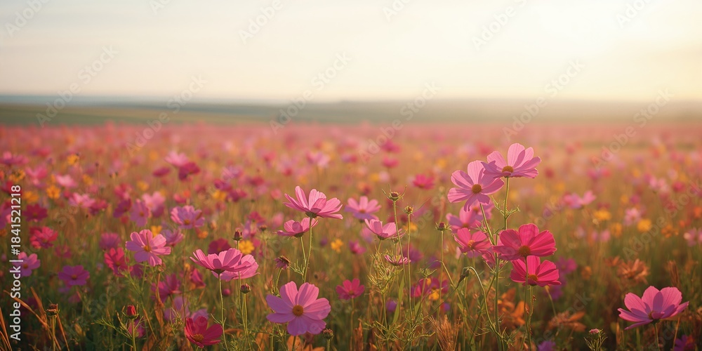 Obraz premium Autumn season brings vibrant cosmos flowers into full bloom in the open field, showcasing natural growth